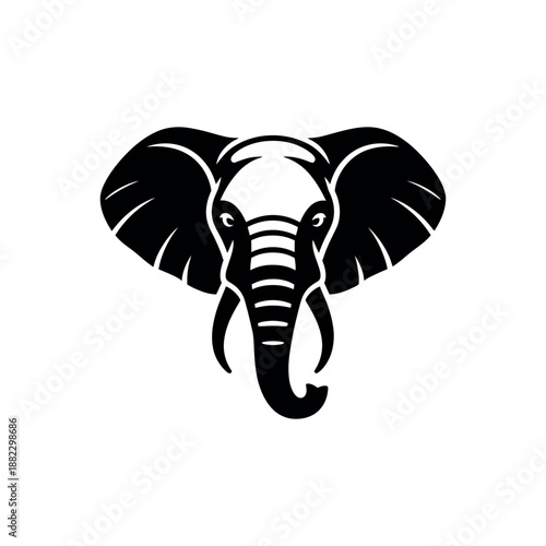A black and white illustration of an elephant's head with large ears and a long trunk