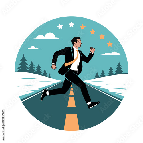 A businessman in a suit runs down a snowy road towards success with stars above him.