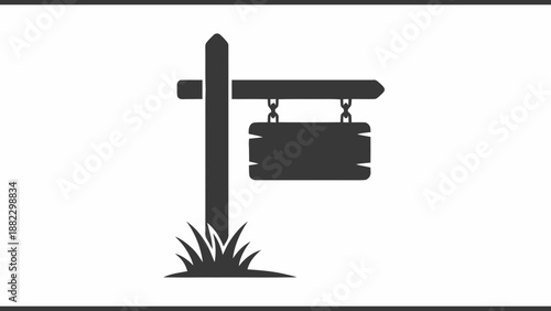 Vector illustration of a blank wooden signpost with an empty hanging sign and green grass