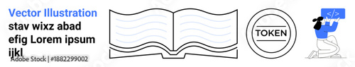 Education, blockchain, coding, digital design, learning, and technology. Open book, token symbol woman holding HTML code panel. Education and blockchain concepts illustrated