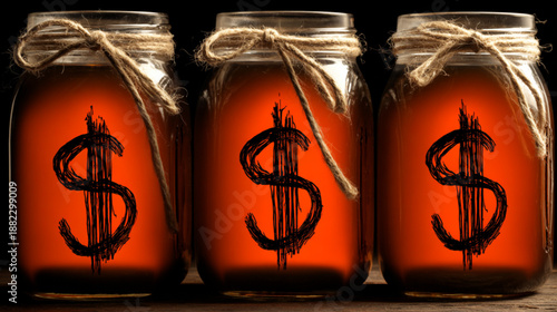Jars with dollar sign symbols.