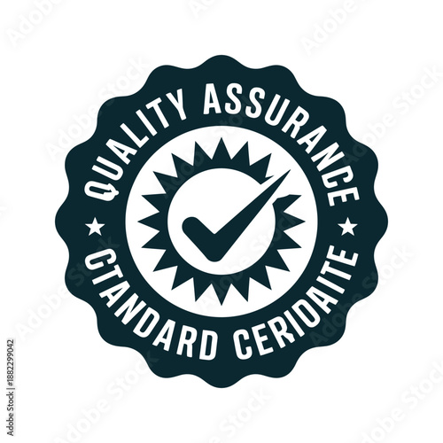 A quality assurance seal with a checkmark and sunburst design on a white background