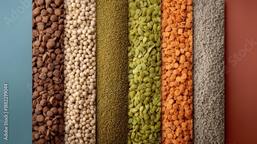 Colorful arrangement of diverse grains and seeds in vertical stripes for a textured display. © mila103