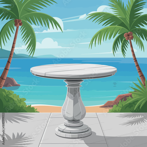 A serene beachside scene featuring a marble table on a patio surrounded by palm trees and overlooking the ocean
