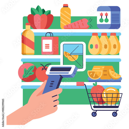 A hand holding a mobile payment terminal in front of a colorful grocery store shelf with various food items and a shopping cart.