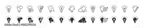 Idea & Innovation Icon Set. Creative Light Bulb Symbols. Startup, Brainstorming, Strategy, Business, Solution Concepts, Vector Illustration.
