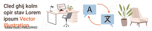 Office setup, remote work, language translation, communication tools, work-life balance, professional workspace. Desk with computer and chair, speech bubbles with language icons, and plant decor