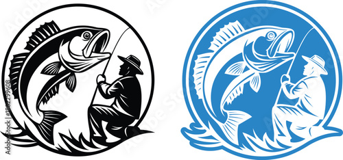 Fisherman catching a large fish in oval shaped badges with black and blue color schemes