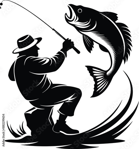 Angler reeling in a large fish with a fishing rod while sitting on a stump