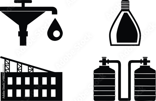 Industrial oil and gas icons funnel bottle refinery and cylinders