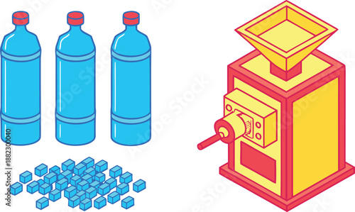 Colorful illustration of soda bottles tablets and a vending machine dispenser