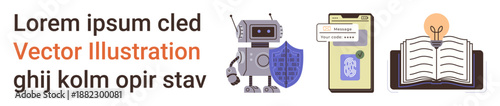 Cybersecurity, technology education, authentication, knowledge sharing, data protection, innovation. Robot with shield, phone with security app open book with lightbulb. Cybersecurity and technology