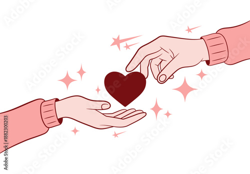 Two hands gently giving and receiving a heart symbol. Romantic illustration representing love, care, support, kindness and emotional connection. Valentine’s Day, relationships. Vector design.
