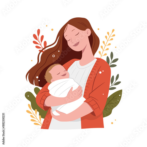 Happy mother gently holding her newborn baby in her arms. Pregnancy and breastfeeding concept. Warm motherhood concept with love, care, family values and maternal affection. Vector illustration.