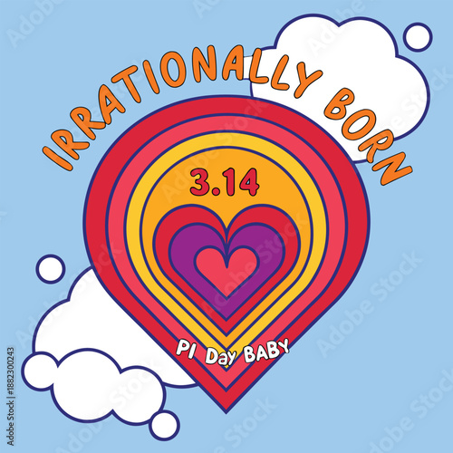 Vibrant heart design with clouds and pi digits in irrationally born logo