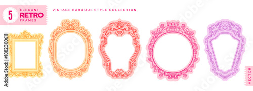 Frames for princess mirror. Doodle cute childish border vector. Vintage antique photo, picture or mirror shape. Ornate baroque hand drawn child frame. Princess vintage antique oval square pink set bg