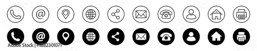 Business card contact and communication icon set with phone, at symbol, location, web, share, email, telephone, user, address, fax symbols in outline and solid styles for app and web interface