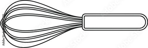 Simple black outline vector drawing of a classic balloon whisk featuring multiple looped wires connected to a clean horizontal handle, perfect for culinary design concepts.