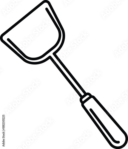 Minimalist black and white outline icon depicting a classic cooking spatula or turner tool, essential for flipping food items like pancakes or burgers on a flat griddle or pan surface.