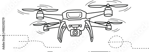 Simple black and white line art illustration depicting a quadcopter drone equipped with a small camera hovering mid-air suggesting flight path or aerial photography concepts in minimalist design.