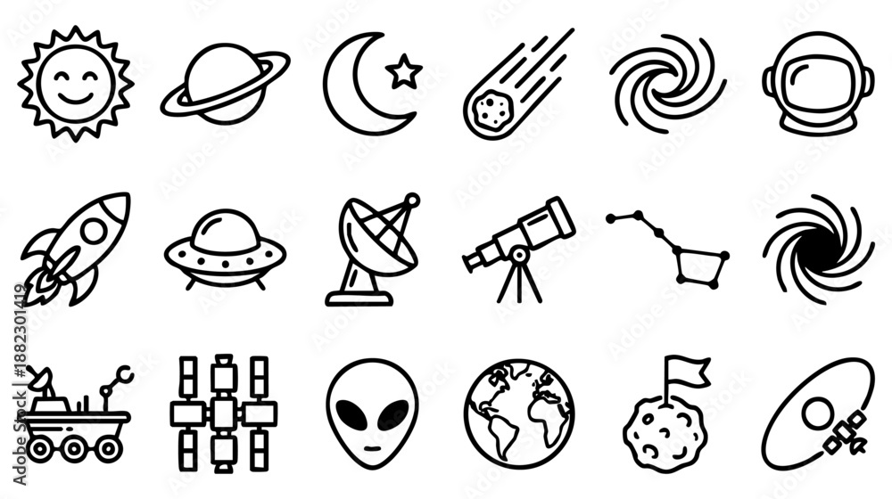 Fototapeta premium 20 vector line icons depicting outer space, astronomy, and cosmic exploration. Outline symbols for planets, rockets, astronauts, telescopes, and celestial phenomena.