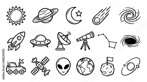 20 vector line icons depicting outer space, astronomy, and cosmic exploration. Outline symbols for planets, rockets, astronauts, telescopes, and celestial phenomena.