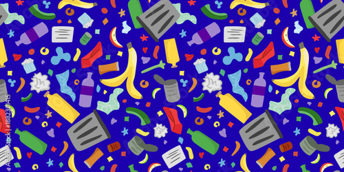 seamless pattern garbage recycle bins and waste elements for recycling dark blue background vector textile web design