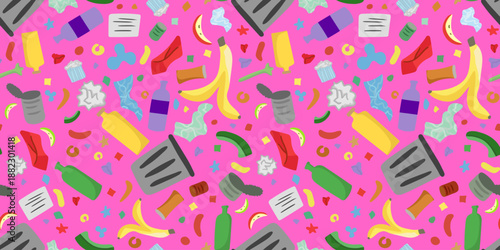 garbage waste and litter seamless pattern pink background banana peel bottles glass metal cans and crumpled paper ecology and recycling concept