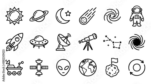 20 vector line icons depicting outer space, astronomy, and cosmic exploration. Outline symbols for planets, rockets, astronauts, telescopes, and celestial phenomena.