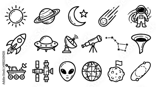 20 vector line icons depicting outer space, astronomy, and cosmic exploration. Outline symbols for planets, rockets, astronauts, telescopes, and celestial phenomena.