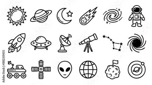 20 vector line icons depicting outer space, astronomy, and cosmic exploration. Outline symbols for planets, rockets, astronauts, telescopes, and celestial phenomena.