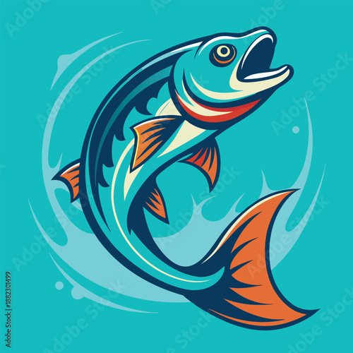 Vibrant turquoise fish leaping out of water with orange fins and tail