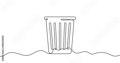 Waste basket or office trash can in one line art style. Drawing with editable black stroke on a white background. Vector illustration, cleaning or waste disposal concept.
