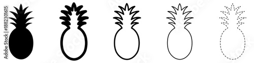 Simplified pineapple icon. Symbol of tropical fruit: black silhouette, outline lines, and dashed line. Five style variations. Vector illustration.