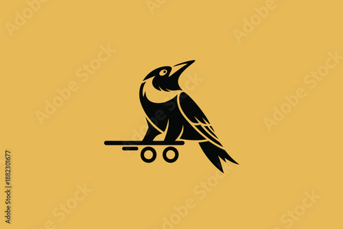 A stylized illustration of a bird sitting on a skateboard against a vibrant yellow background