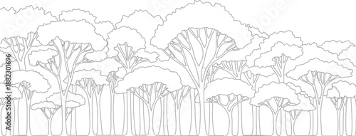 Detailed black and white outline drawing illustrating a dense canopy of stylized umbrella acacia trees forming a thick jungle or savanna forest landscape border perfect for coloring book pages.