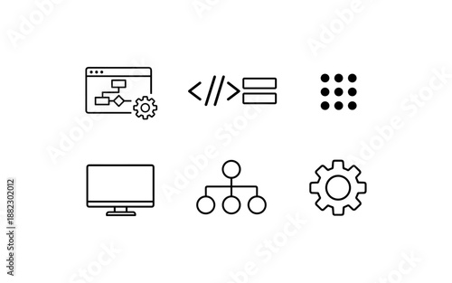 Collection of modern flat icons representing technology, programming, and system settings