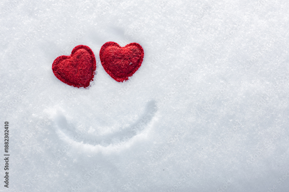 Fototapeta premium heart eyes, smile on the snow, Valentine's Day winter background, I love winter