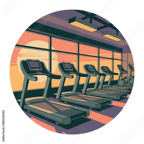 A modern gym with treadmills in front of large windows showing a beautiful sunset