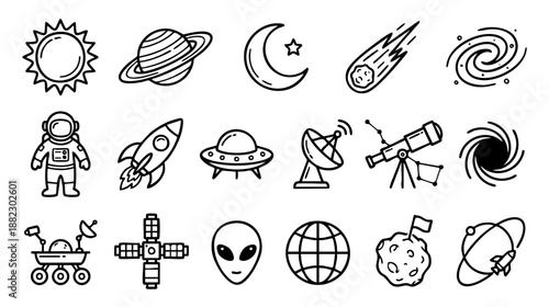 20 vector line icons depicting outer space, astronomy, and cosmic exploration. Outline symbols for planets, rockets, astronauts, telescopes, and celestial phenomena.