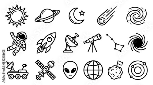 20 vector line icons depicting outer space, astronomy, and cosmic exploration. Outline symbols for planets, rockets, astronauts, telescopes, and celestial phenomena.