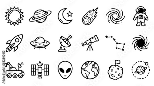 20 vector line icons depicting outer space, astronomy, and cosmic exploration. Outline symbols for planets, rockets, astronauts, telescopes, and celestial phenomena.