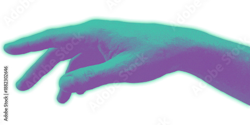 surreal human hand gesture reaching out in teal and purple duotone gradient with heavy grainy noise texture isolated on transparent background for retro digital collage element