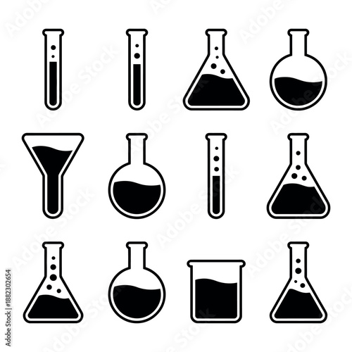 A collection of various laboratory equipment icons including beakers and flasks on a white background