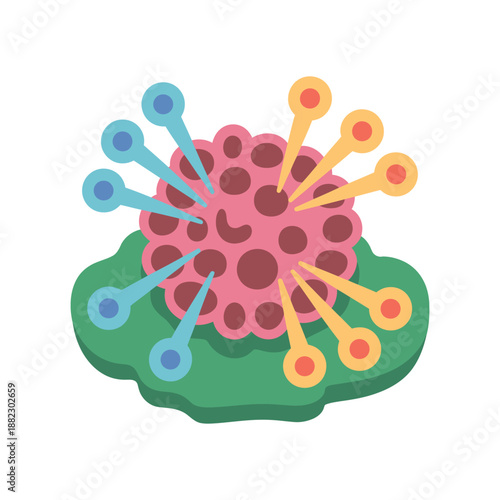 A colorful cartoon illustration of a virus cell on a green surface