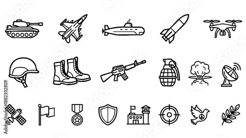 Military and war line icons set. Vector collection of army symbols including tank, weapon, drone, soldier gear, explosion, and peace signs. Simple outline style isolated on white background. 