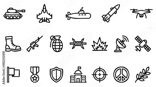 Military and war line icons set. Vector collection of army symbols including tank, weapon, drone, soldier gear, explosion, and peace signs. Simple outline style isolated on white background. 