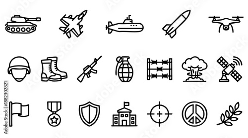 Military and war line icons set. Vector collection of army symbols including tank, weapon, drone, soldier gear, explosion, and peace signs. Simple outline style isolated on white background. 