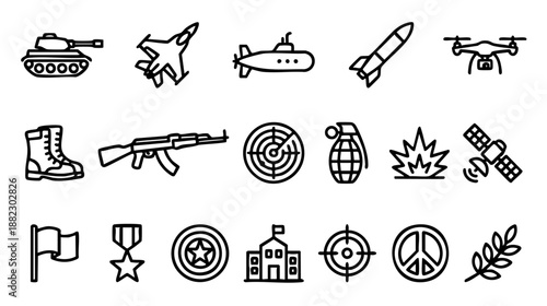 Military and war line icons set. Vector collection of army symbols including tank, weapon, drone, soldier gear, explosion, and peace signs. Simple outline style isolated on white background. 
