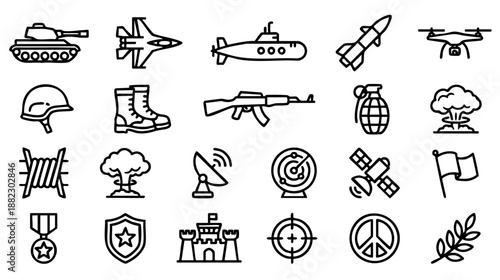 Military and war line icons set. Vector collection of army symbols including tank, weapon, drone, soldier gear, explosion, and peace signs. Simple outline style isolated on white background. 